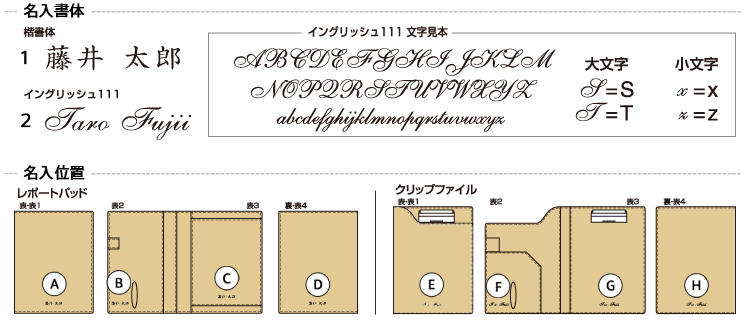 ツァイトベクター レポートパッド、クリップファイルのお名入れ位置、書体