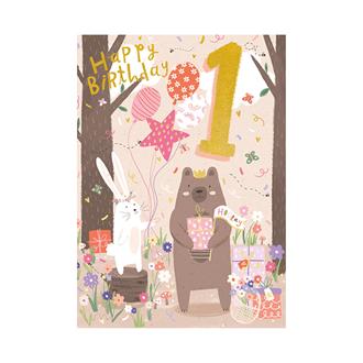 バースデイカード　ＧＨＢ３８７　ガール１歳（くまとうさぎ）